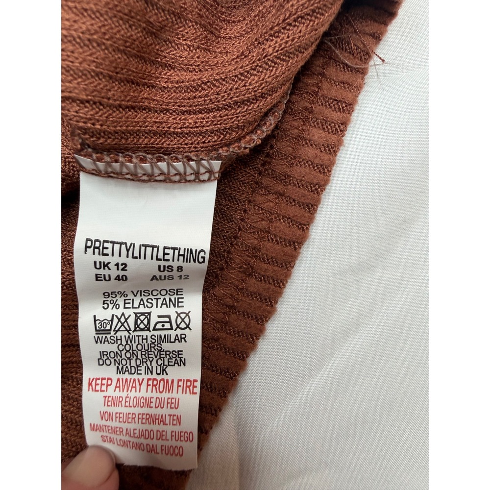 PrettyLittleThing One Shoulder Ribbed Crop Top Brown Stretch Asymmetrical US 8 - Picture 4 of 5